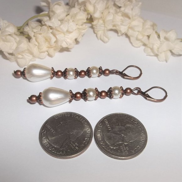 Long White Faux Pearl Earrings Rustic Copper Boho Bohemian Victorian Style 6928 - Picture 5 of 8